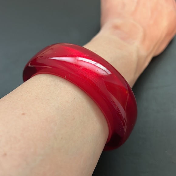 Vintage Plastic Bangle Bracelet, Red, Translucent, White, Retro, Boho - Picture 2 of 9